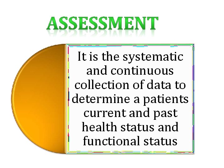 It is the systematic and continuous collection of data to determine a patients current