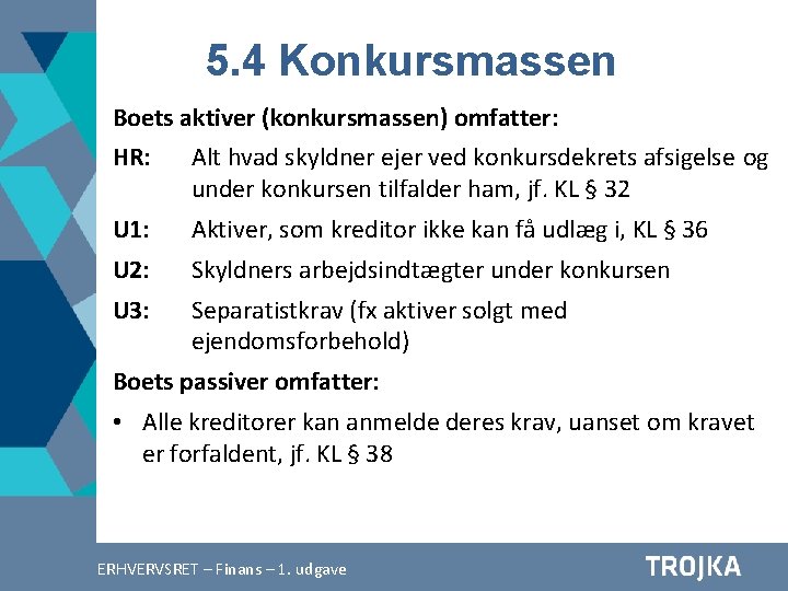 5. 4 Konkursmassen Boets aktiver (konkursmassen) omfatter: HR: Alt hvad skyldner ejer ved konkursdekrets