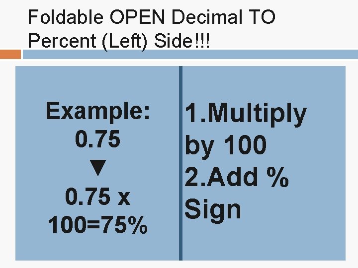Foldable OPEN Decimal TO Percent (Left) Side!!! Example: 0. 75 ▼ 0. 75 x Foldable OPEN Decimal TO Percent (Left) Side!!! Example: 0. 75 ▼ 0. 75 x