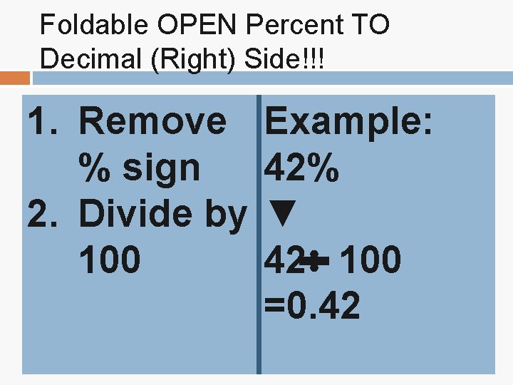 Foldable OPEN Percent TO Decimal (Right) Side!!! 1. Remove Example: % sign 42% 2. Foldable OPEN Percent TO Decimal (Right) Side!!! 1. Remove Example: % sign 42% 2.