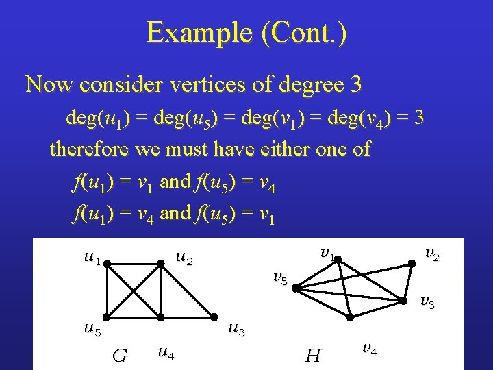 Example (Cont. ) Now consider vertices of degree 3 deg(u 1) = deg(u 5)