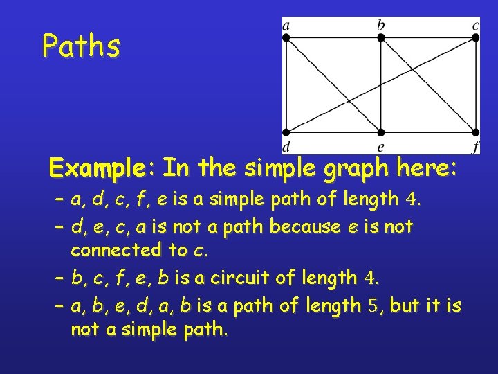 Paths Example : In the simple graph here: – a, d, c, f, e