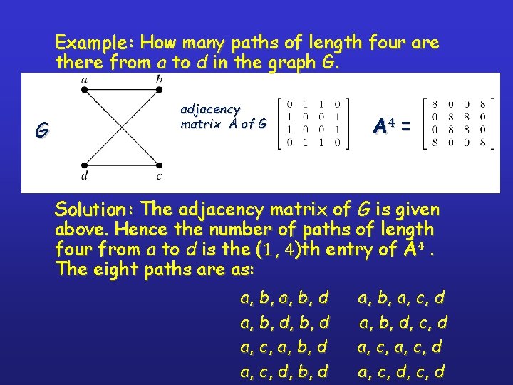 Example : How many paths of length four are there from a to d