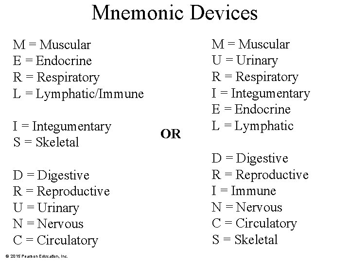 Mnemonic Devices M = Muscular E = Endocrine R = Respiratory L = Lymphatic/Immune Mnemonic Devices M = Muscular E = Endocrine R = Respiratory L = Lymphatic/Immune