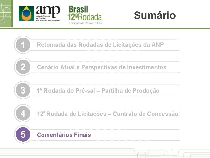 Sumário 1 Retomada das Rodadas de Licitações da ANP 2 Cenário Atual e Perspectivas