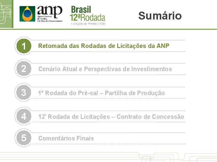 Sumário 1 Retomada das Rodadas de Licitações da ANP 2 Cenário Atual e Perspectivas