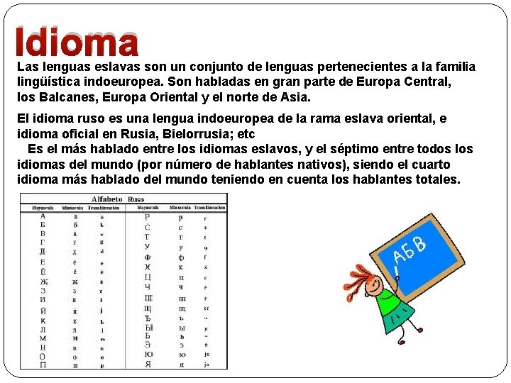 Idioma Las lenguas eslavas son un conjunto de lenguas pertenecientes a la familia lingüística