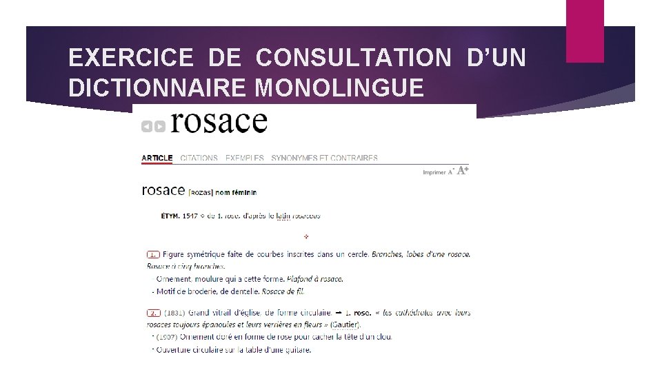 EXERCICE DE CONSULTATION D’UN DICTIONNAIRE MONOLINGUE 