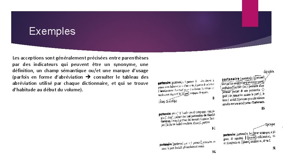 Exemples Les acceptions sont généralement précisées entre parenthèses par des indicateurs qui peuvent être