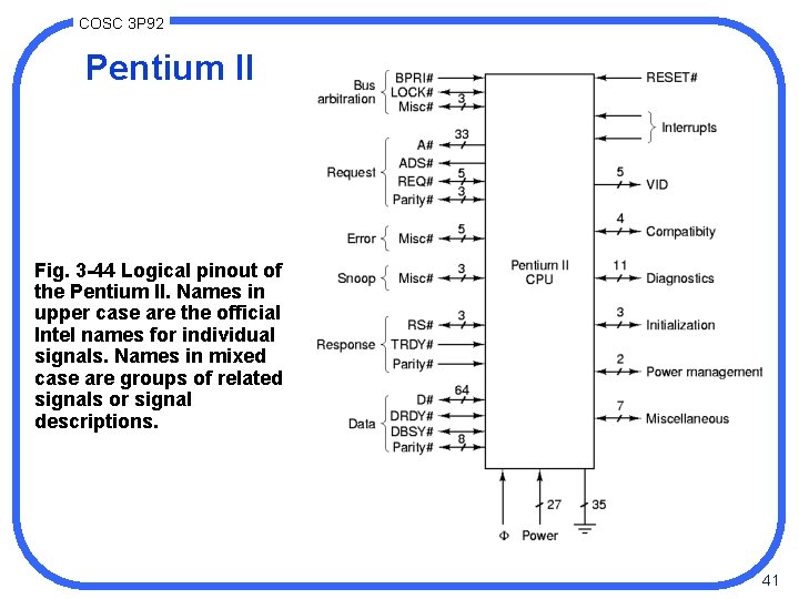 COSC 3 P 92 Pentium II Fig. 3 -44 Logical pinout of the Pentium