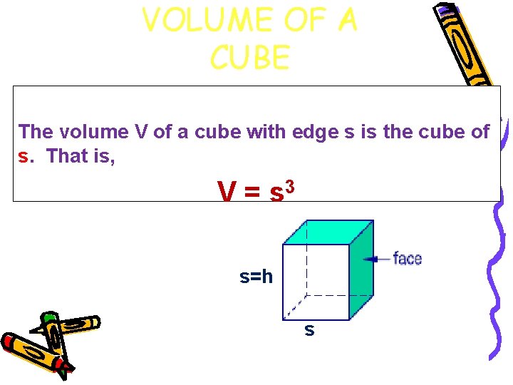 VOLUME OF A CUBE The volume V of a cube with edge s is