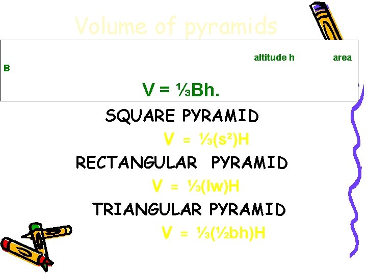 Volume of pyramids The volume V of a pyramid is one third the product