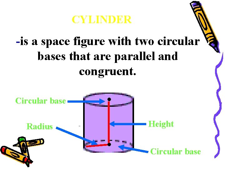 CYLINDER -is a space figure with two circular bases that are parallel and congruent.