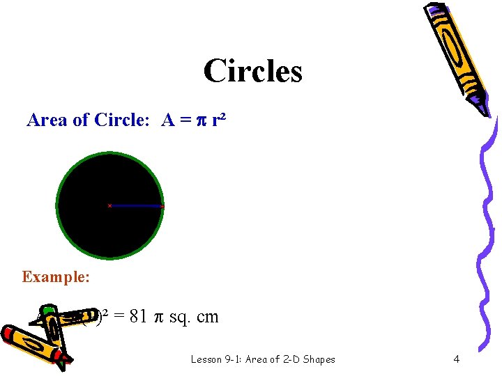 Circles Area of Circle: A = r² 9 cm r Example: A = (9)²