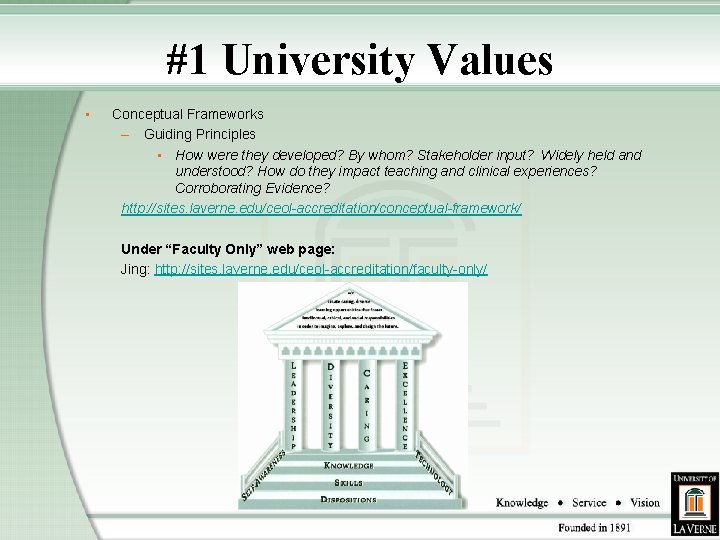 #1 University Values • Conceptual Frameworks – Guiding Principles • How were they developed?