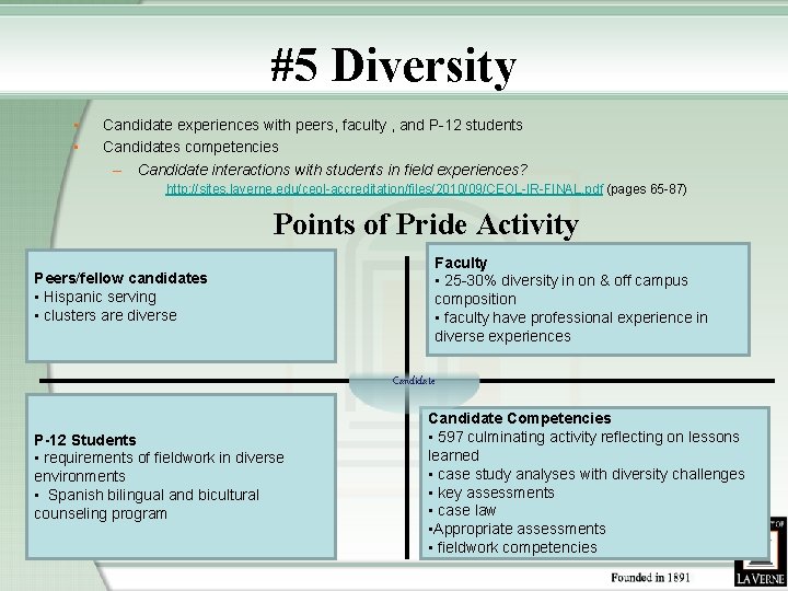 #5 Diversity • • Candidate experiences with peers, faculty , and P-12 students Candidates