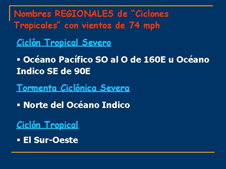 Nombres REGIONALES de “Ciclones Tropicales” con vientos de 74 mph Ciclón Tropical Severo §