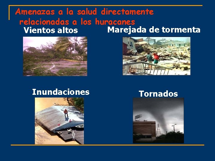 Amenazas a la salud directamente relacionadas a los huracanes Marejada de tormenta Vientos altos