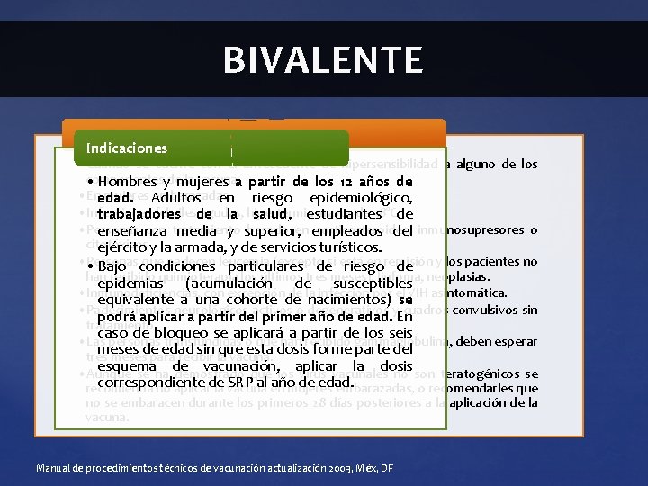 BIVALENTE Contraindicaciones Indicaciones • Cuando se cuente con el antecedente de hipersensibilidad a alguno BIVALENTE Contraindicaciones Indicaciones • Cuando se cuente con el antecedente de hipersensibilidad a alguno
