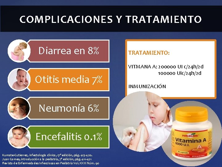 COMPLICACIONES Y TRATAMIENTO Diarrea en 8% Otitis media 7% Neumonía 6% Encefalitis 0. 1% COMPLICACIONES Y TRATAMIENTO Diarrea en 8% Otitis media 7% Neumonía 6% Encefalitis 0. 1%