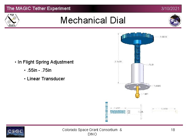 The MAGIC Tether Experiment 3/10/2021 Mechanical Dial • In Flight Spring Adjustment • .