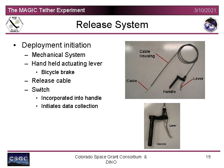 The MAGIC Tether Experiment 3/10/2021 Release System • Deployment initiation – Mechanical System –