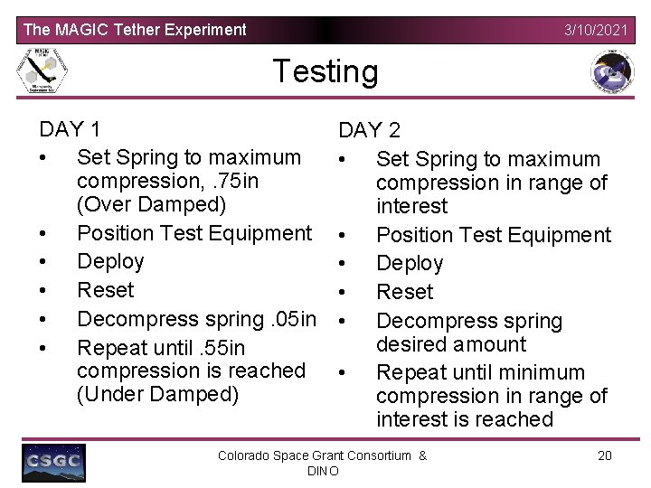 The MAGIC Tether Experiment 3/10/2021 Testing DAY 1 • Set Spring to maximum compression,