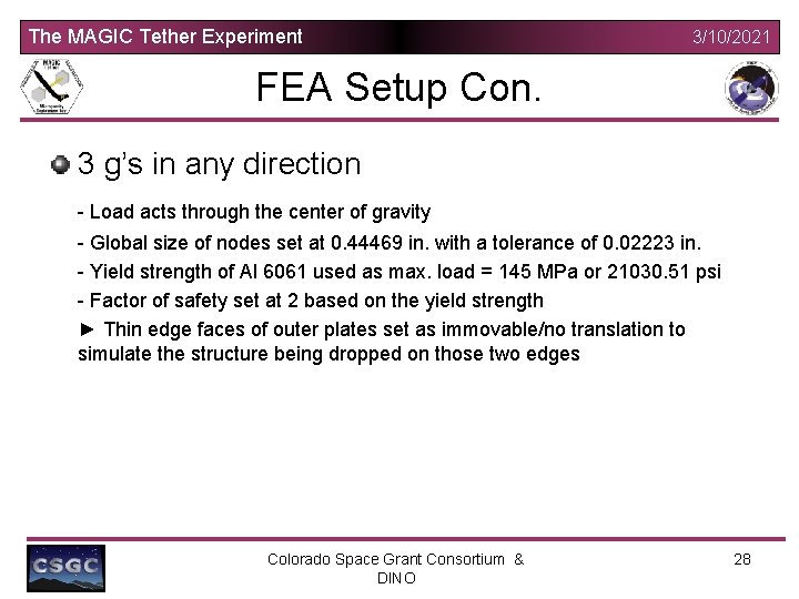 The MAGIC Tether Experiment 3/10/2021 FEA Setup Con. 3 g’s in any direction -