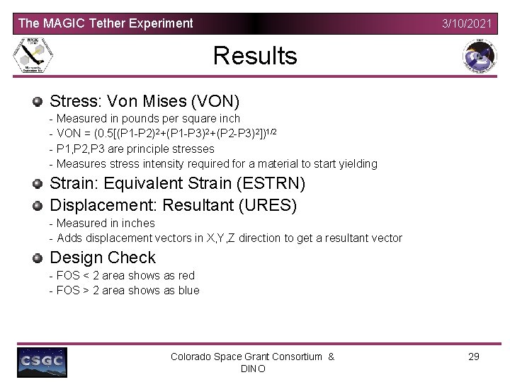 The MAGIC Tether Experiment 3/10/2021 Results Stress: Von Mises (VON) - Measured in pounds