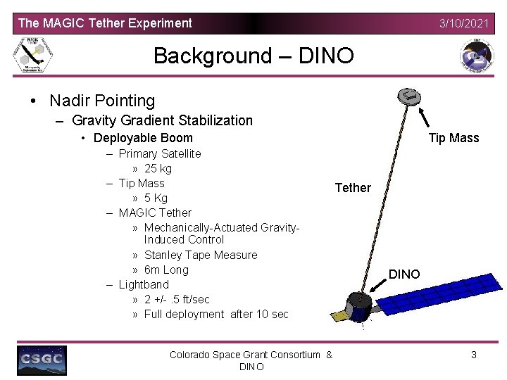 The MAGIC Tether Experiment 3/10/2021 Background – DINO • Nadir Pointing – Gravity Gradient