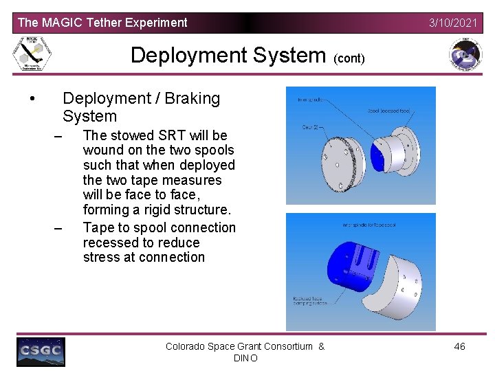 The MAGIC Tether Experiment Deployment System • 3/10/2021 (cont) Deployment / Braking System –