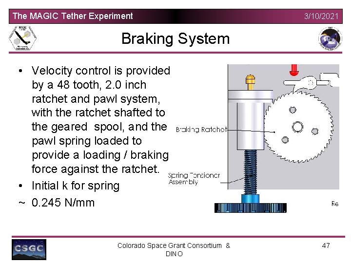 The MAGIC Tether Experiment 3/10/2021 Braking System • Velocity control is provided by a