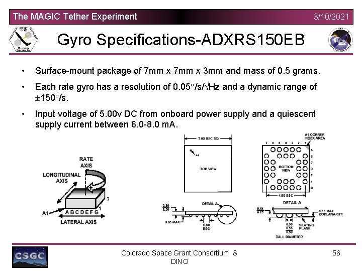 The MAGIC Tether Experiment 3/10/2021 Gyro Specifications-ADXRS 150 EB • Surface-mount package of 7