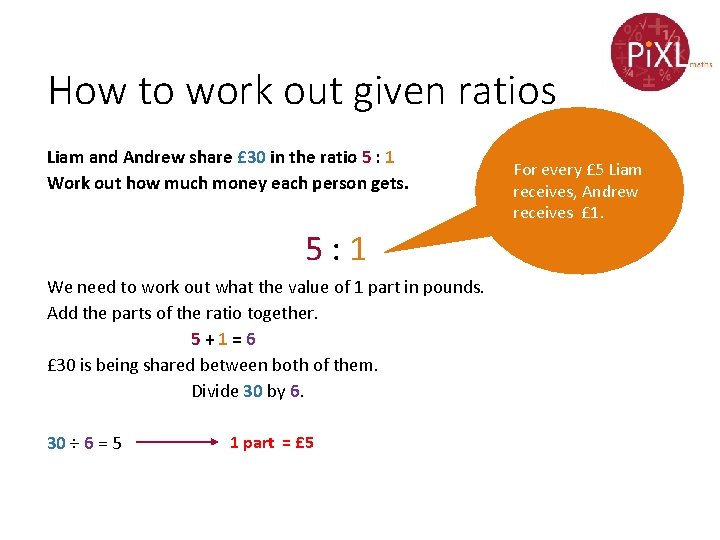 How to work out given ratios Liam and Andrew share £ 30 in the