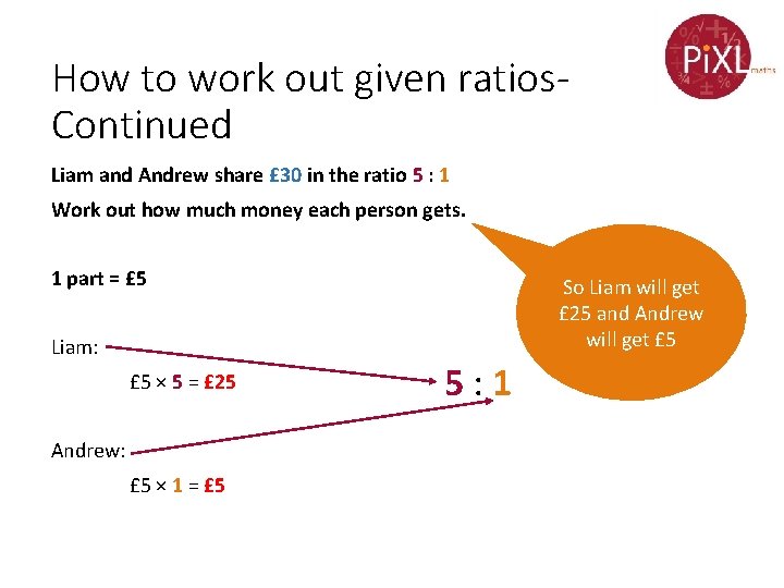 How to work out given ratios. Continued Liam and Andrew share £ 30 in