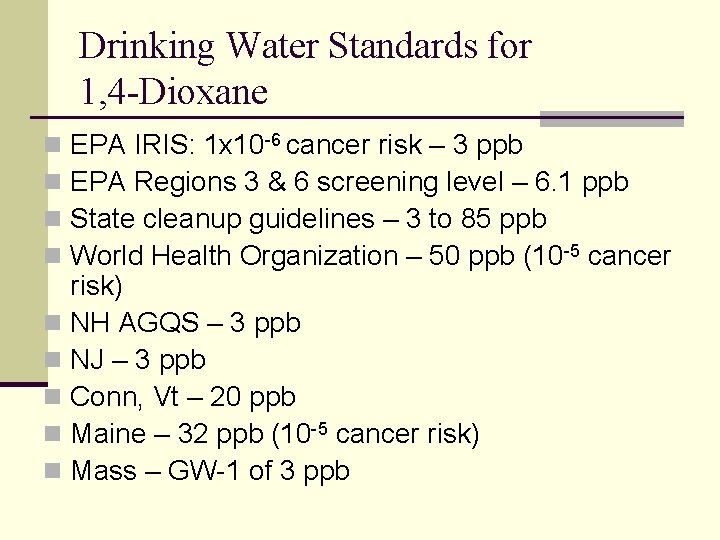 Drinking Water Standards for 1, 4 -Dioxane EPA IRIS: 1 x 10 -6 cancer