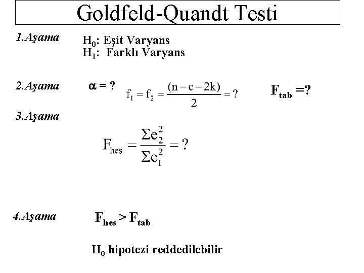 Goldfeld-Quandt Testi 1. Aşama 2. Aşama H 0: Eşit Varyans H 1: Farklı Varyans
