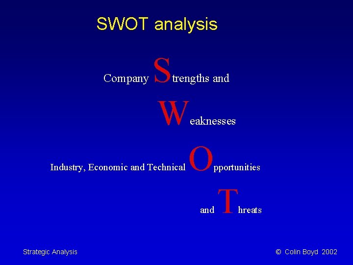 SWOT analysis Company S W O trengths and eaknesses Industry, Economic and Technical pportunities