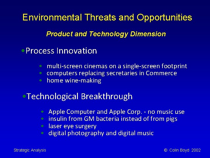 Environmental Threats and Opportunities Product and Technology Dimension • Process Innovation • multi-screen cinemas