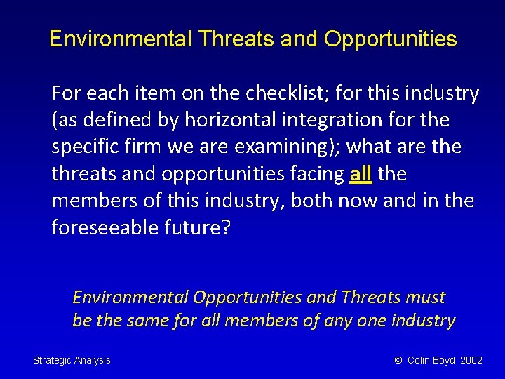 Environmental Threats and Opportunities For each item on the checklist; for this industry (as