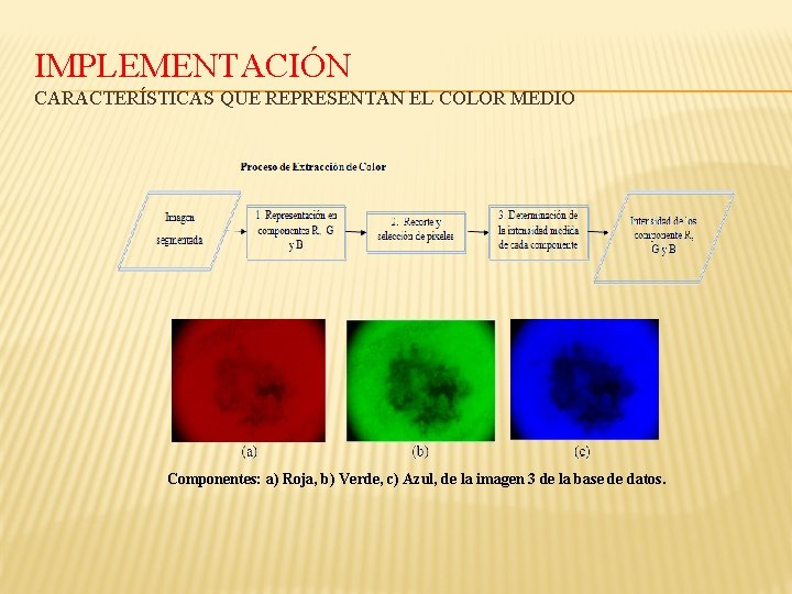 IMPLEMENTACIÓN CARACTERÍSTICAS QUE REPRESENTAN EL COLOR MEDIO Componentes: a) Roja, b) Verde, c) Azul,