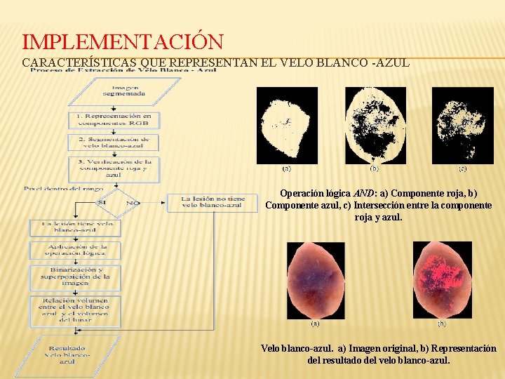 IMPLEMENTACIÓN CARACTERÍSTICAS QUE REPRESENTAN EL VELO BLANCO -AZUL Operación lógica AND: a) Componente roja,