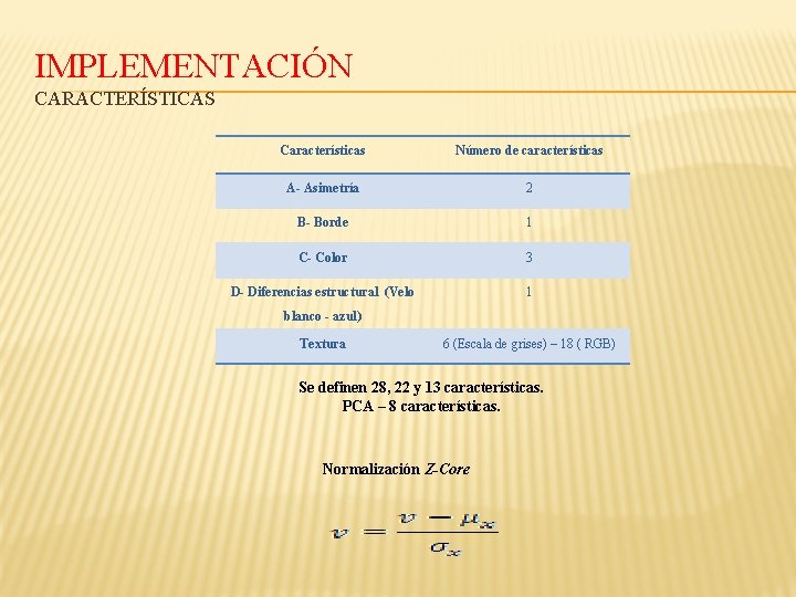 IMPLEMENTACIÓN CARACTERÍSTICAS Características Número de características A- Asimetría 2 B- Borde 1 C- Color