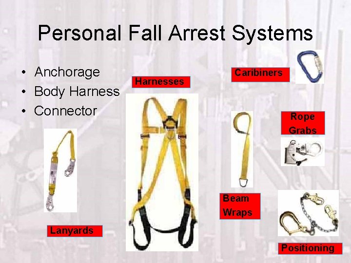 Personal Fall Arrest Systems • Anchorage • Body Harness • Connector Harnesses Caribiners Rope