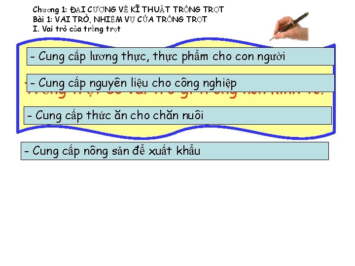 Chương 1: ĐẠI CƯƠNG VỀ KĨ THUẬT TRỒNG TRỌT Bài 1: VAI TRÒ, NHIỆM