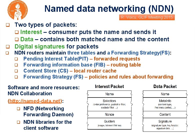 Named data networking (NDN) R. Voicu, GLIF Meeting 2015 Two types of packets: q