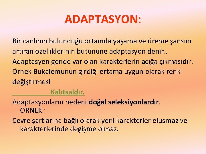 ADAPTASYON: Bir canlının bulunduğu ortamda yaşama ve üreme şansını artıran özelliklerinin bütününe adaptasyon denir.