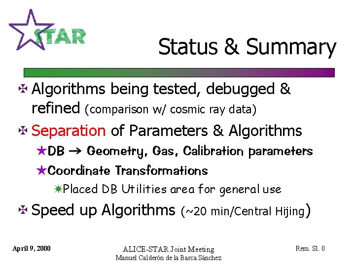 Status & Summary @ Algorithms being tested, debugged & refined (comparison w/ cosmic ray