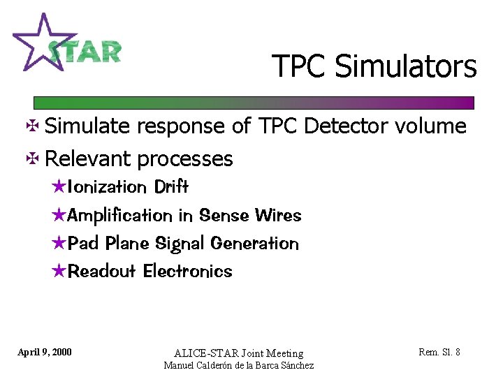 TPC Simulators @ Simulate response of TPC Detector volume @ Relevant processes HIonization Drift