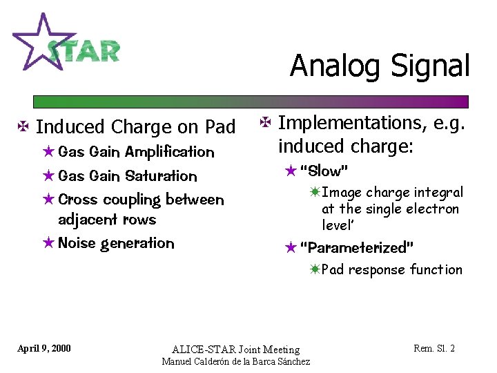 Analog Signal @ Induced Charge on Pad H Gas Gain Amplification H Gas Gain